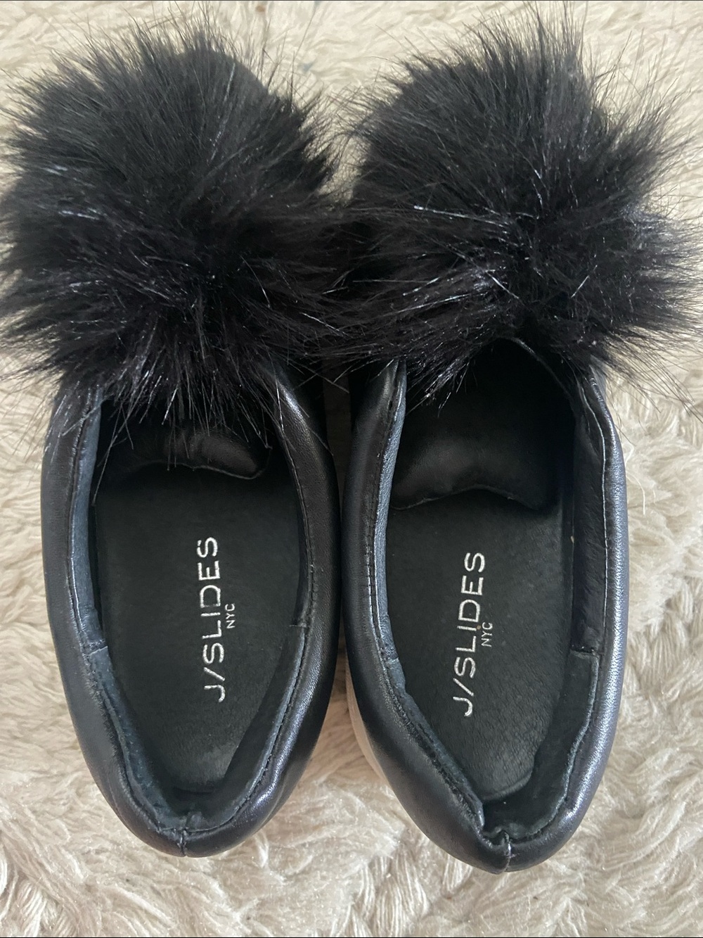 J/SLIDES Black Pom-Pom Slip-Ons